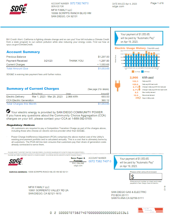 USA SDGE utility bill Word and PDF template